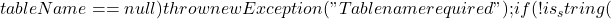 tableName == null) {             throw new Exception("Table name required");         }         if (!is_string(